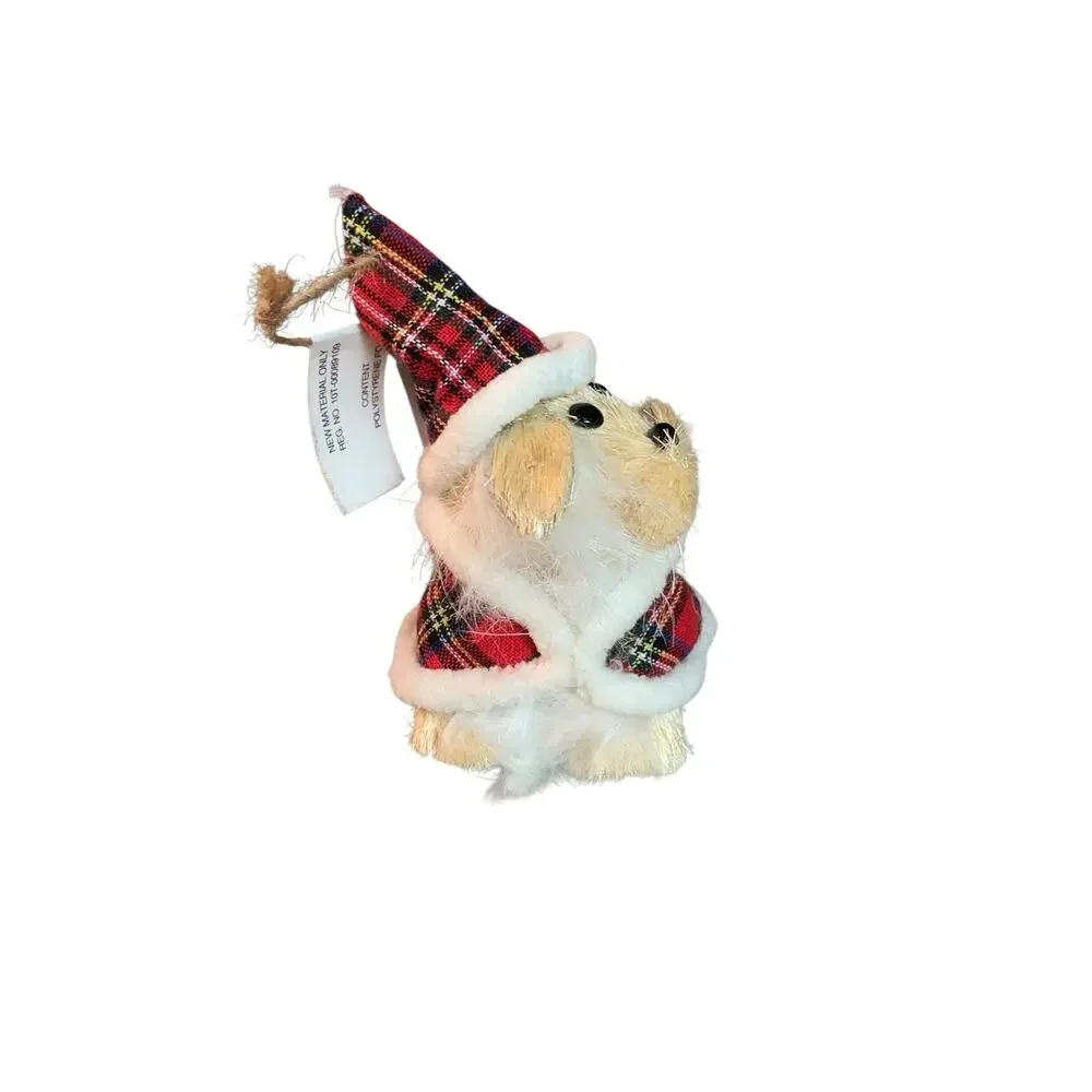 Pier 1 Imports Sisal Dog Christmas Tree Ornaments Set of 3 Santa Hat Plaid 5.5